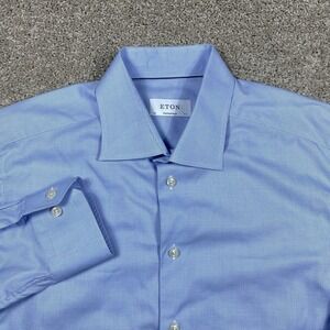 Eton Shirt Mens 44 17.5 Blue Contemporary Fit Dress Long Sleeve Button Up Tweed